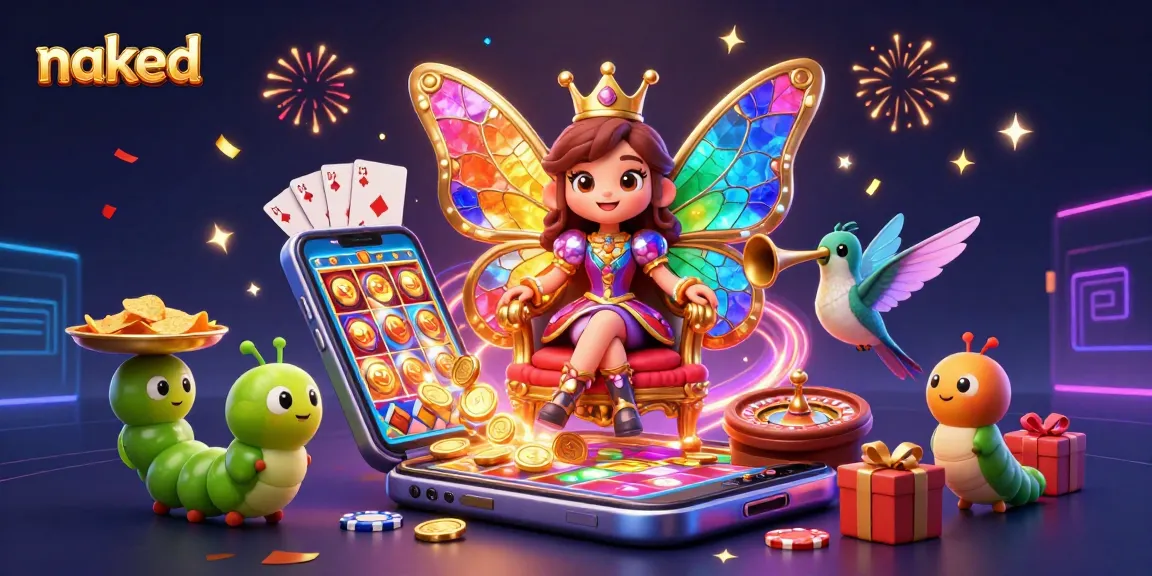 Naked butterfly queen in a vibrant casino scene spinning slot reels and celebrating wins.
