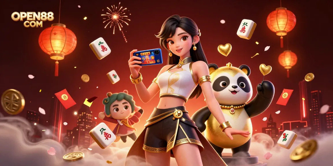 Experience the thrill of gambling at OPEN88 COM with an elegant Asian woman enjoying a casino game.