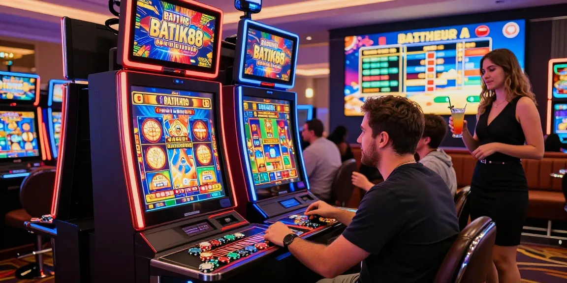 Pengalaman bermain BATIK88 slot di kasino yang penuh semangat dengan cahaya terang dan kerumunan penonton.