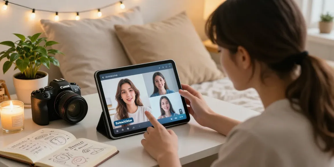 Engaging interaction with AI girlfriend on a tablet in a cozy bedroom.