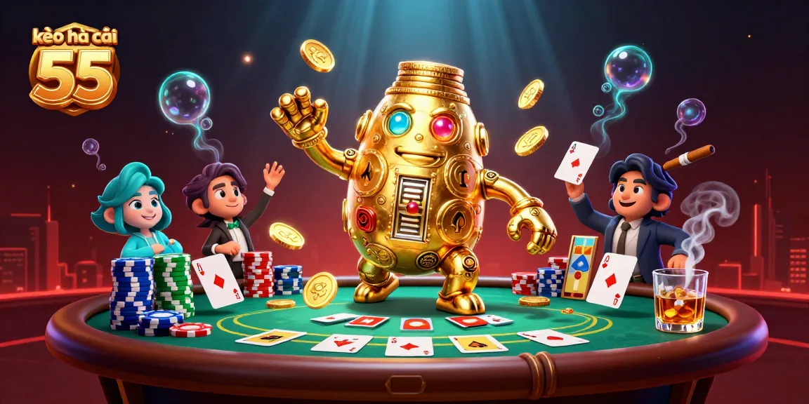 Engage with kèo nhà cái 55's vibrant poker scene featuring an ancient golem among customized game elements.