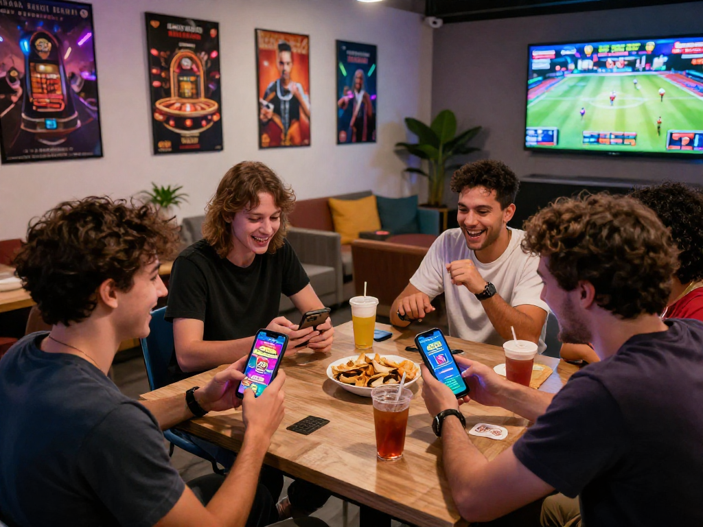Group of friends enjoying the Teen Patti Vegas app; visit site for thrilling gaming experiences.