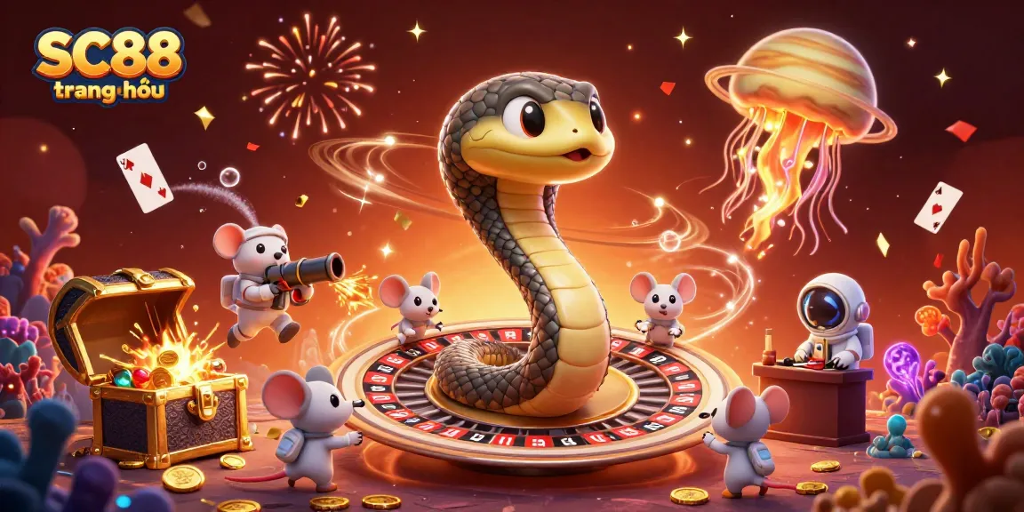 Engage with SC88 trang chủ featuring a vibrant 3D casino scene filled with characters and gaming elements.