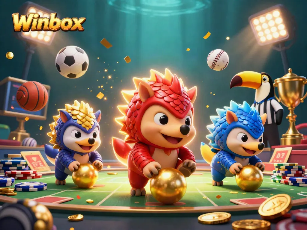 Winbox in action with rival pangolins bowling through poker chips in a vibrant casino scene