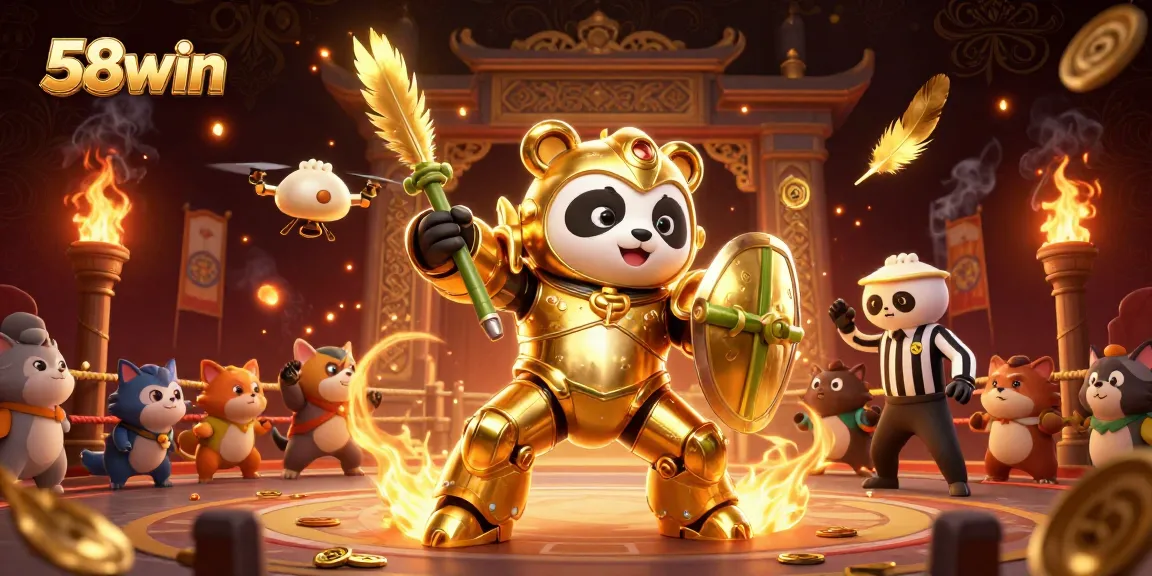 Engaging illustration of 58win casino with a golden panda robot amidst gambling elements.