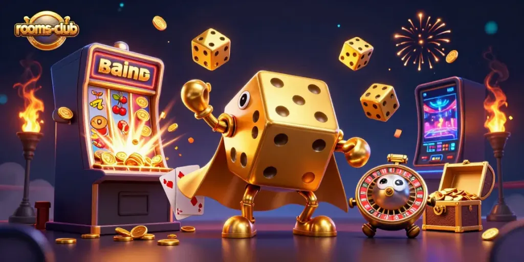 Memenangkan slot online dengan rooms-club menggunakan dadu emas dan mesin slot mewah.
