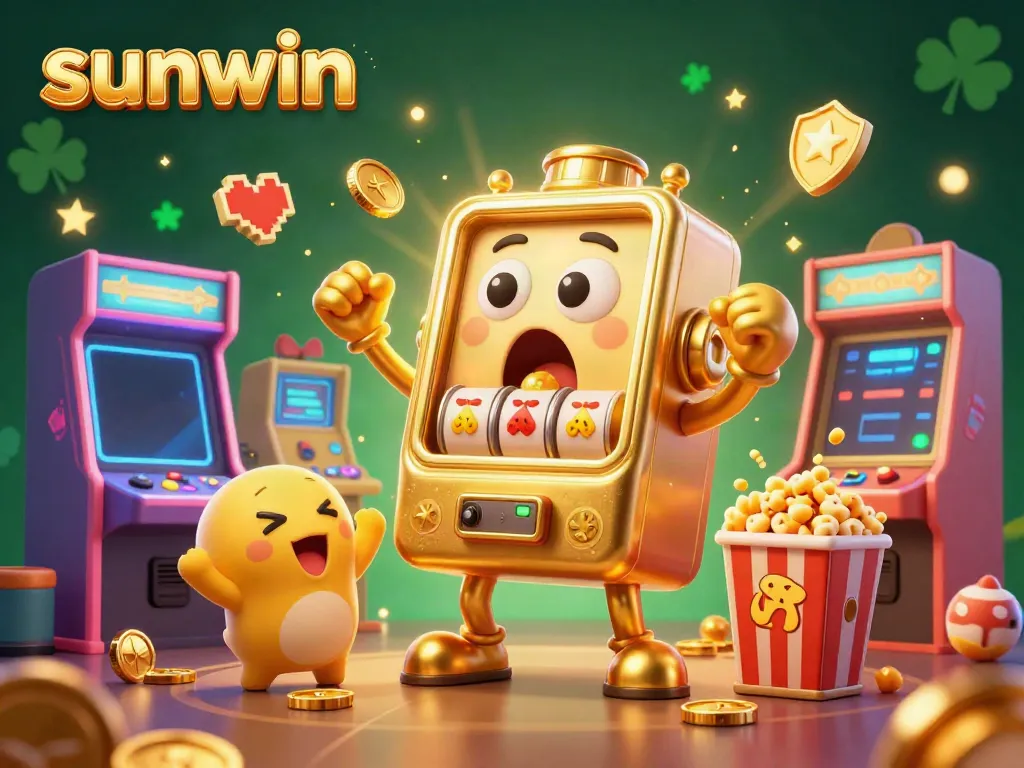 Explore the exciting world of sunwin with a golden slot machine celebrating its jackpot victory amidst colorful arcade elements.