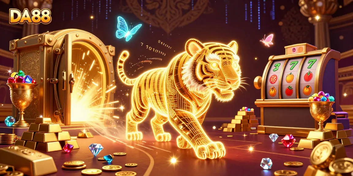 Engage with DA88 in a vibrant slots casino scene filled with treasures and dynamic visuals.