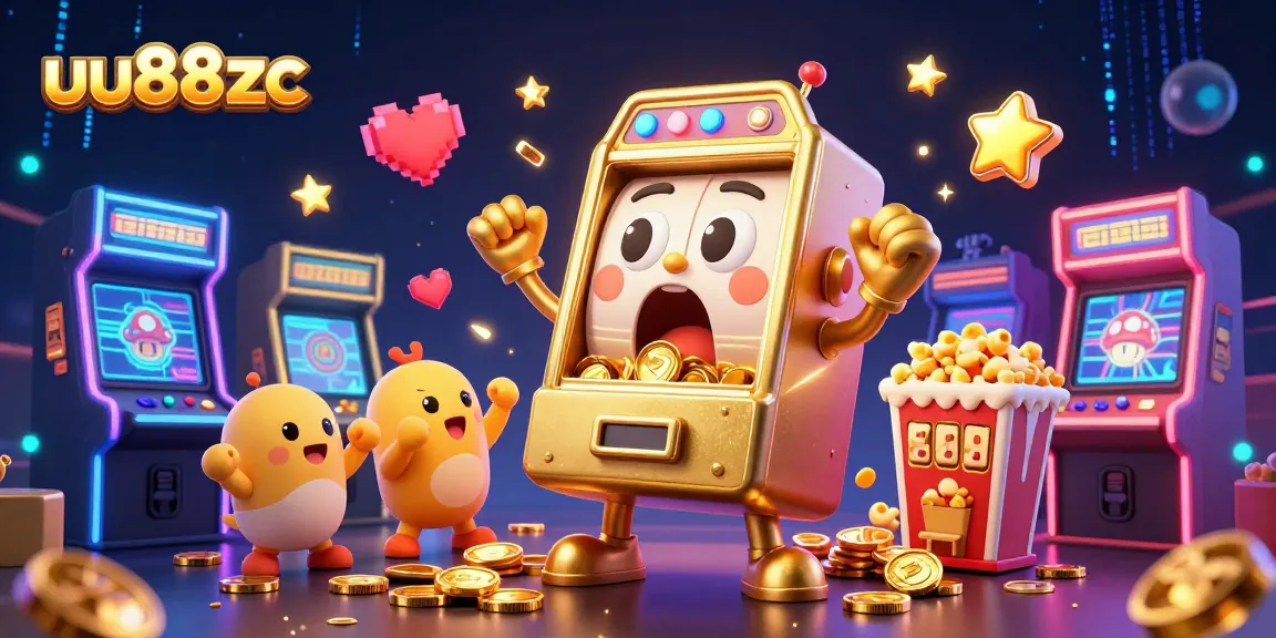 Spin the reels at uu88zc with a golden slot machine celebrating a jackpot amidst thrilling arcade elements.
