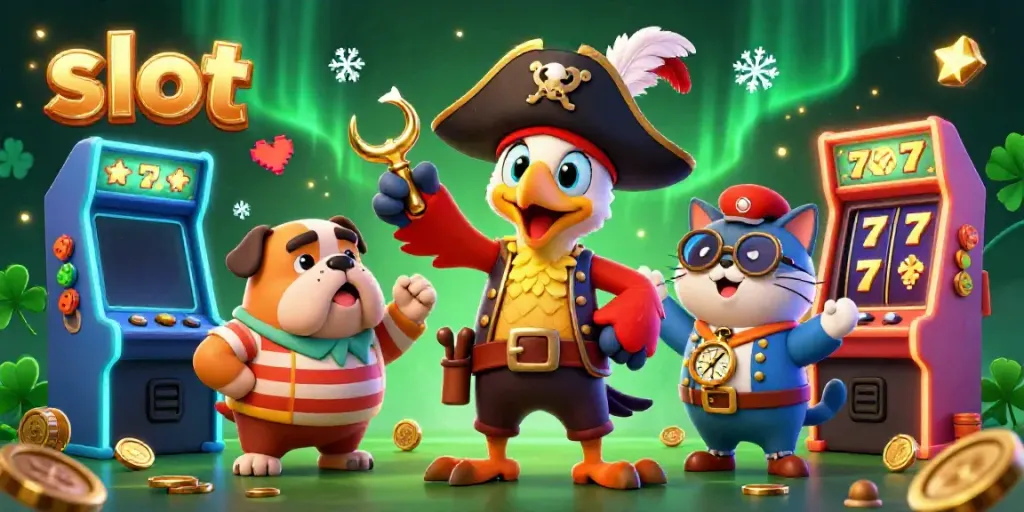 Slot yang menyenangkan dengan karakter kartun kapal bajak laut dan mesin permainan bersinar di latar belakang.