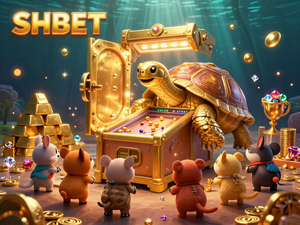 Engage with SHBET's golden gambling adventure featuring a colossal tortoise and treasure scene.