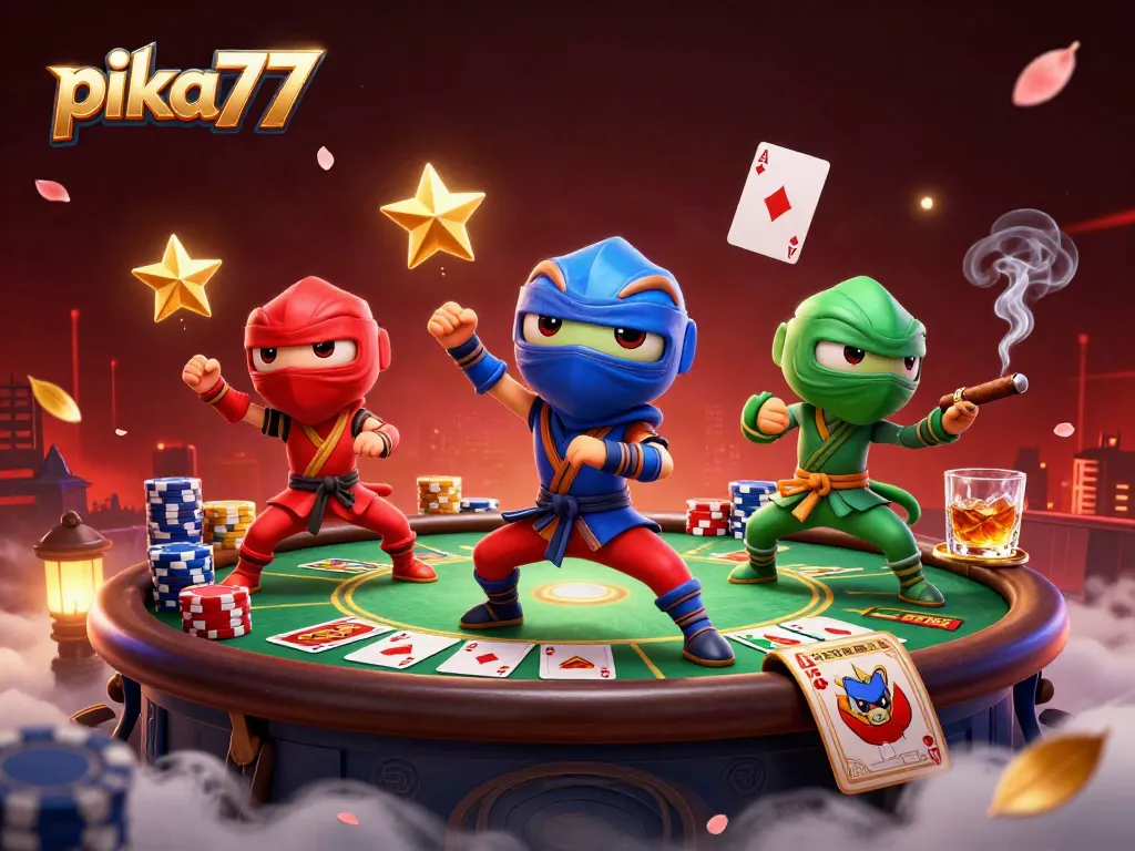 Experience the excitement of pika77 with chameleons showcasing poker skills amidst vibrant casino elements.