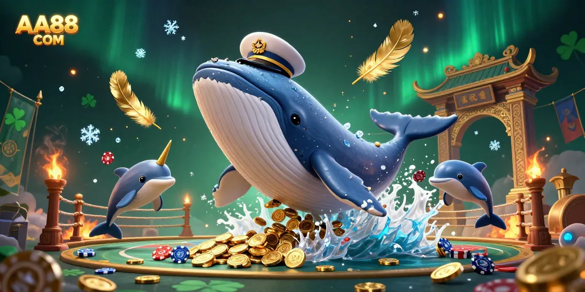 Experience unique thrills with AA88 COM in a vibrant casino scene featuring playful dolphins, a dazzling whale, and poker chips.
