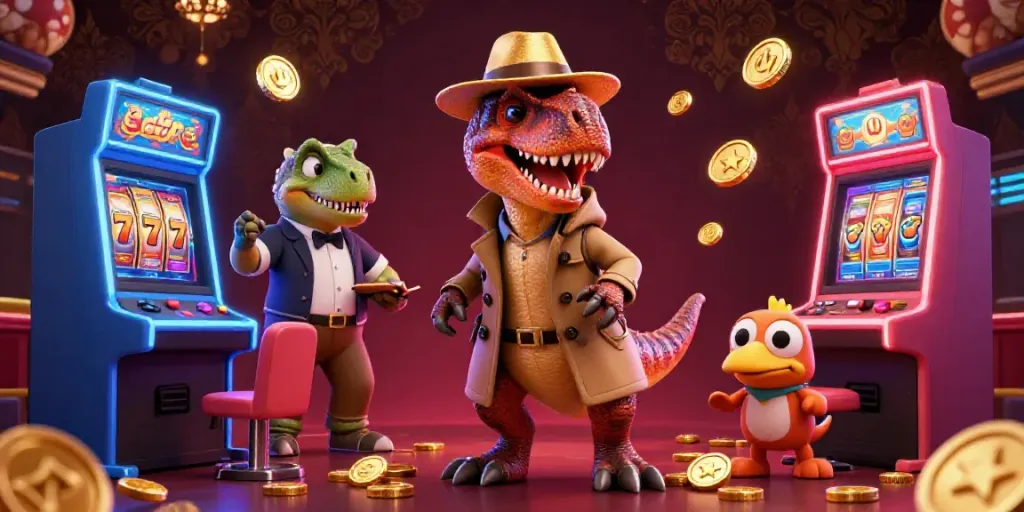 Engage with the dynamic slot gacor scene featuring velociraptor card counter and dinosaur characters in a lively casino setting.