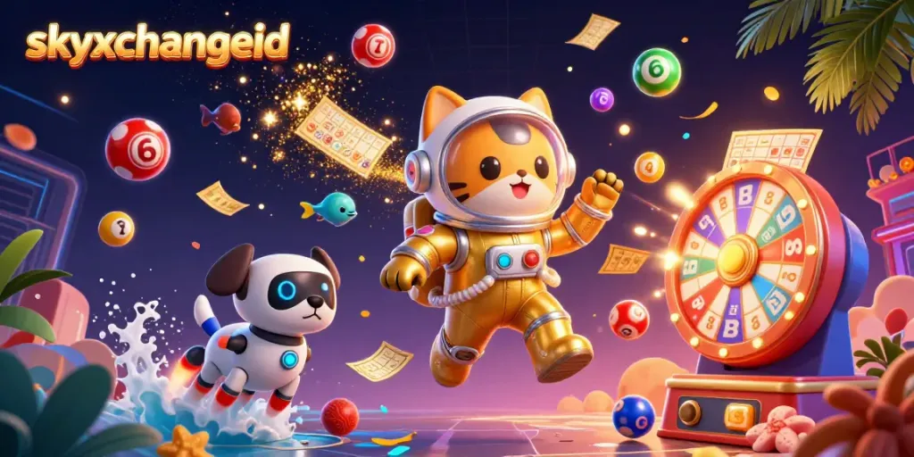 Experience thrilling games with skyxchangeid, where a space cat and robot dog explore vibrant gambling worlds.