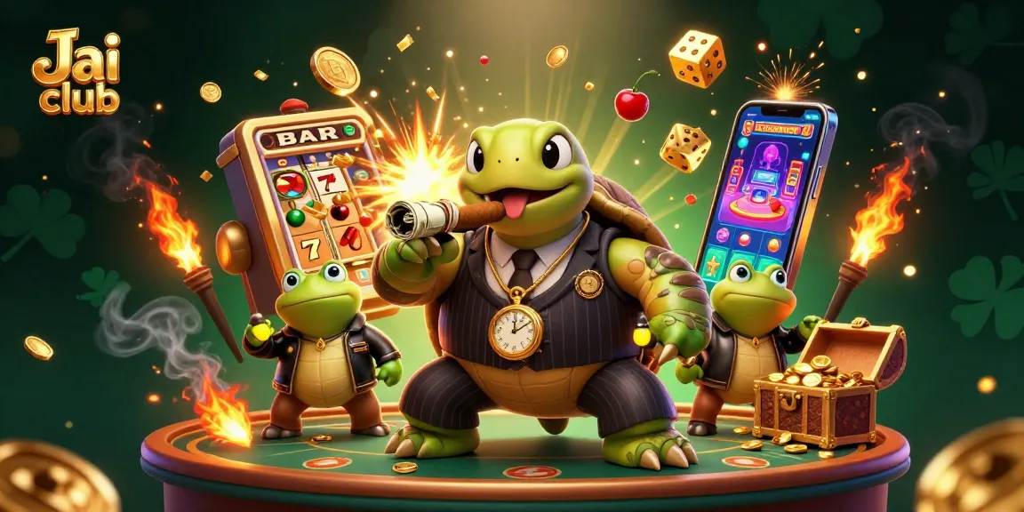 Experience the excitement of Jai club with a cartoon snapping turtle and bullfrog enforcers at a vibrant casino scene.