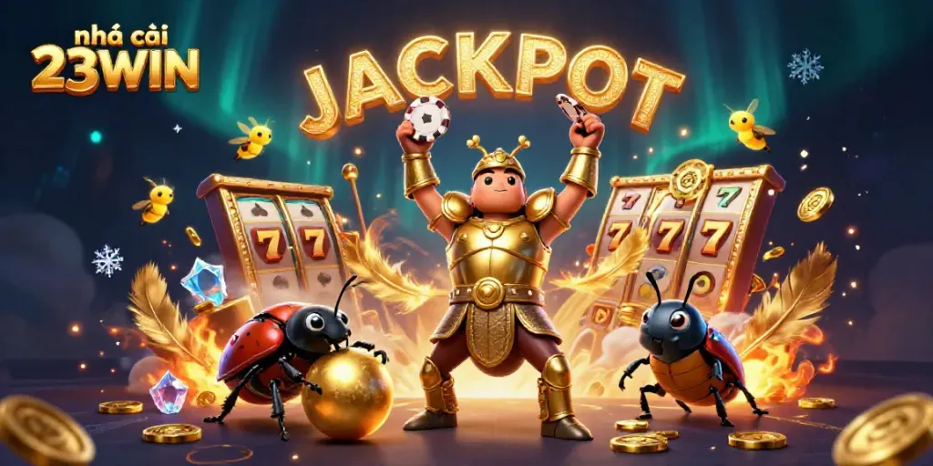 Join the excitement at nhà cái 23WIN as the victory-seeking beetle celebrates with poker chips surrounded by dynamic casino elements.