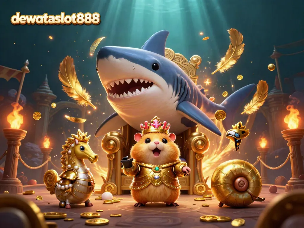 Permainan slot judi dewataslot888 dengan ilustrasi kucing raja dan pertarungan laut yang megah.