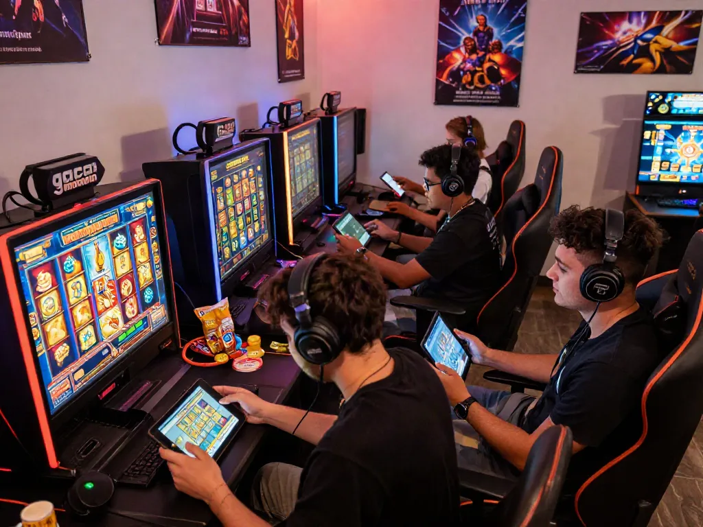 Exciting gaming scene with diverse players enjoying slot gacor maxwin, surrounded by vibrant slot machines and cozy atmosphere.