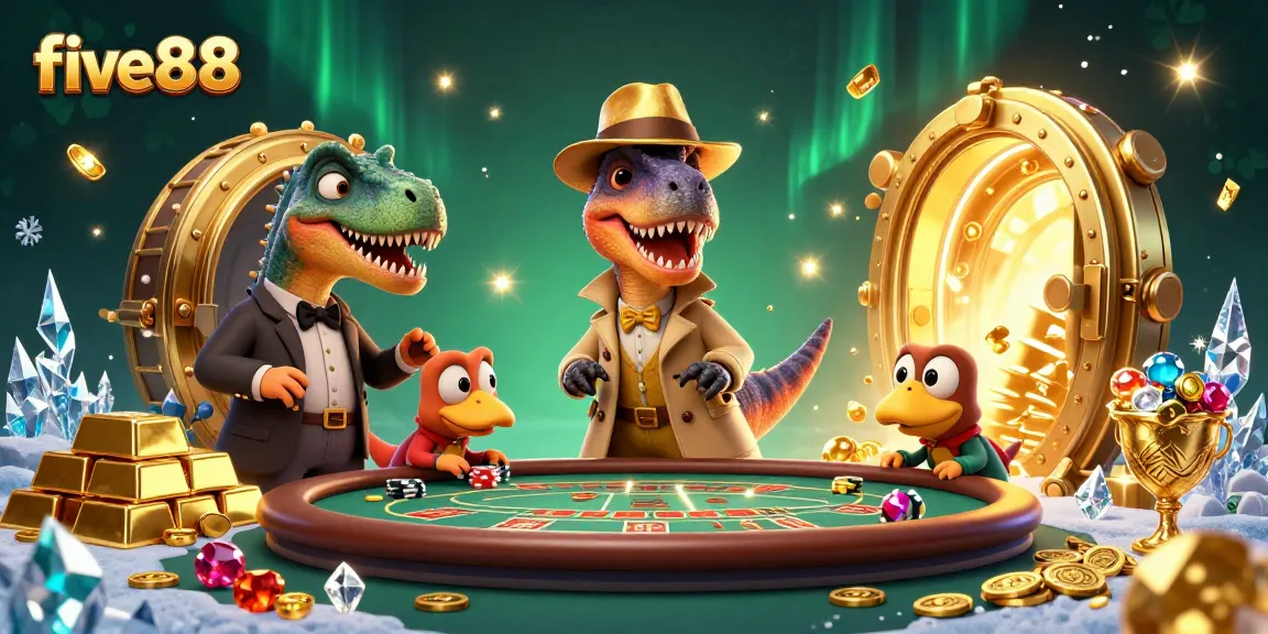 Visit five88 to enjoy an entertaining blackjack scene featuring a velociraptor card counter and vibrant casino elements.