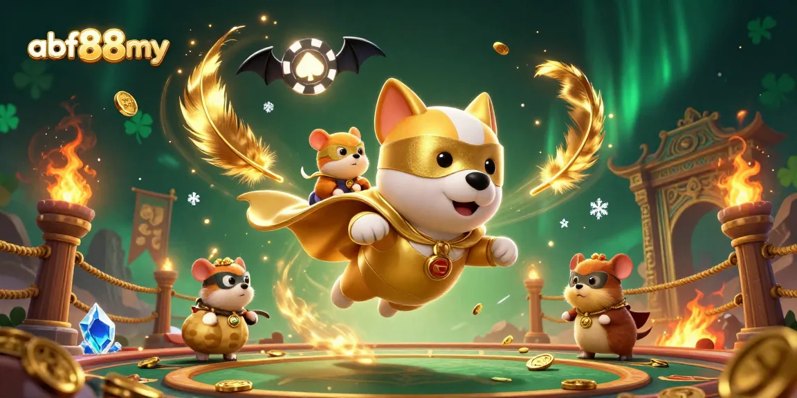 Experience thrilling moments at afb88my with our superhero gambling illustration, featuring a playful dog and hamster.