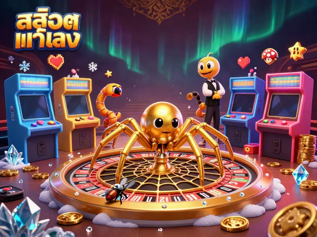 Engage with สล็อตแท้ตรง as a golden spider spins a roulette wheel web in this dynamic illustration.
