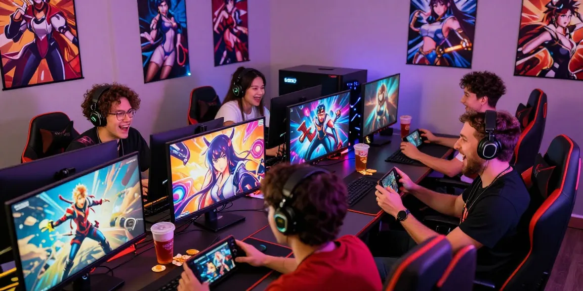Players enjoying animated hentai games in a vibrant gaming setup with character designs and snacks, showcasing diversity and excitement.