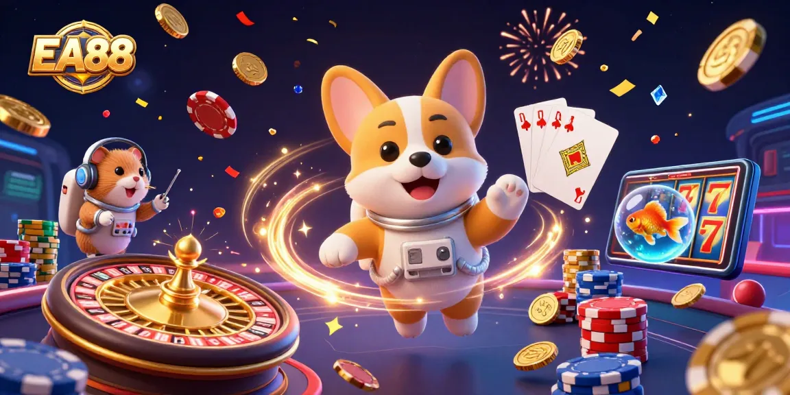 EA88 engages cosmic adventures in a vibrant casino scene with coins and spinning roulette.