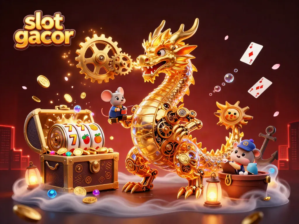 Menangkan slot gacor dengan ilustrasi naga emas biokimia dan simbol permainan yang memikat.