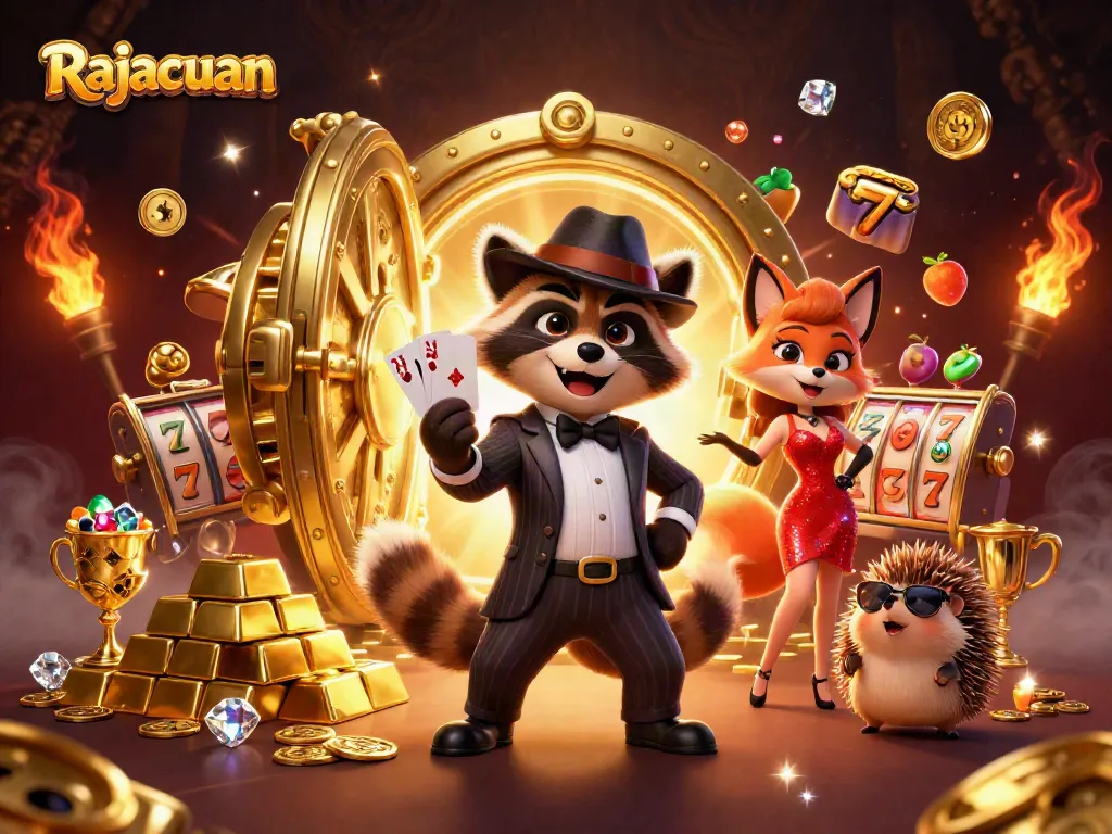 Rajacuan showcases a lively casino scene with characters enjoying slot games and winning excitement.