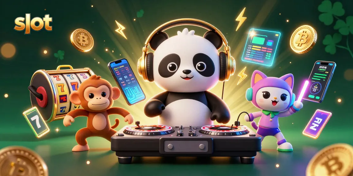 Bermain slot di Wih69 dengan DJ panda, monyet breakdance, dan kucing bersinar dalam suasana kasino yang meriah.