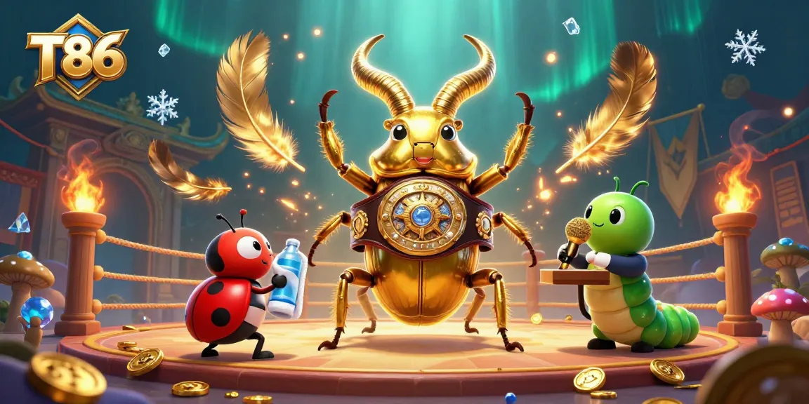 Engage with T86 in dynamic betting battles featuring a golden stag beetle against a vibrant gambling backdrop.