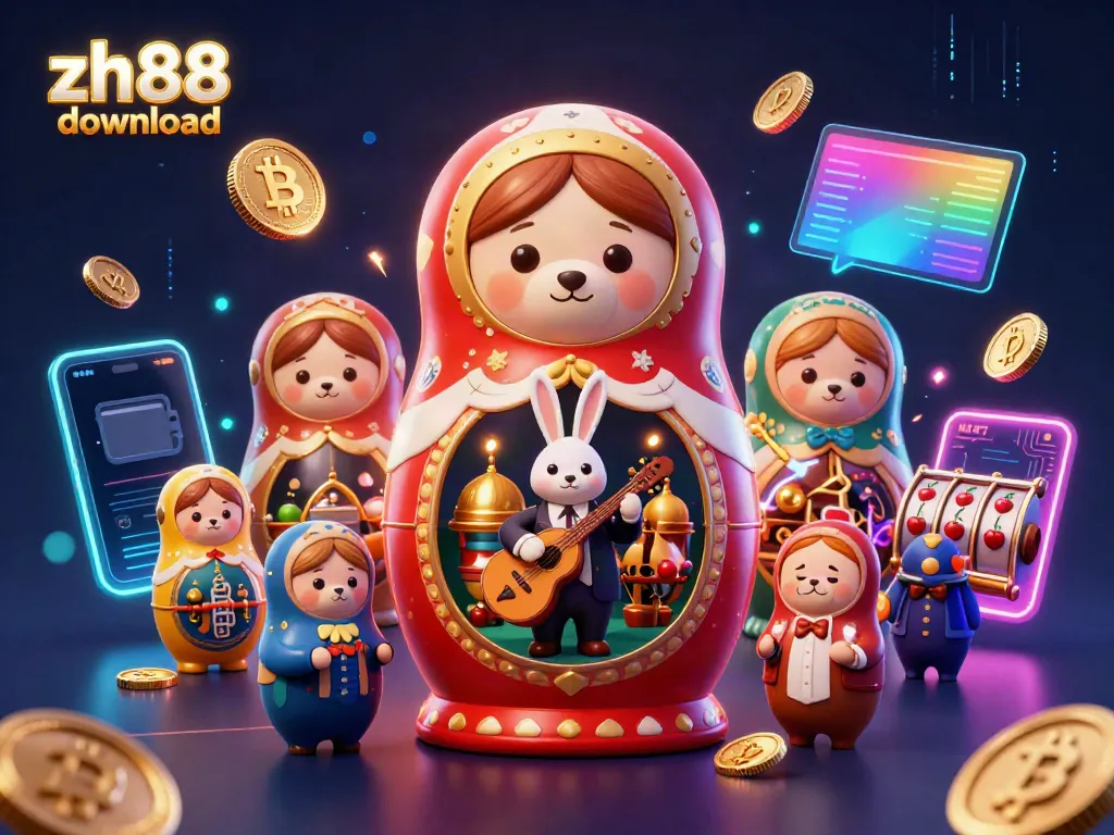 Play exciting games with ZH88 download featuring a Russian Matryoshka bear and casino elements.