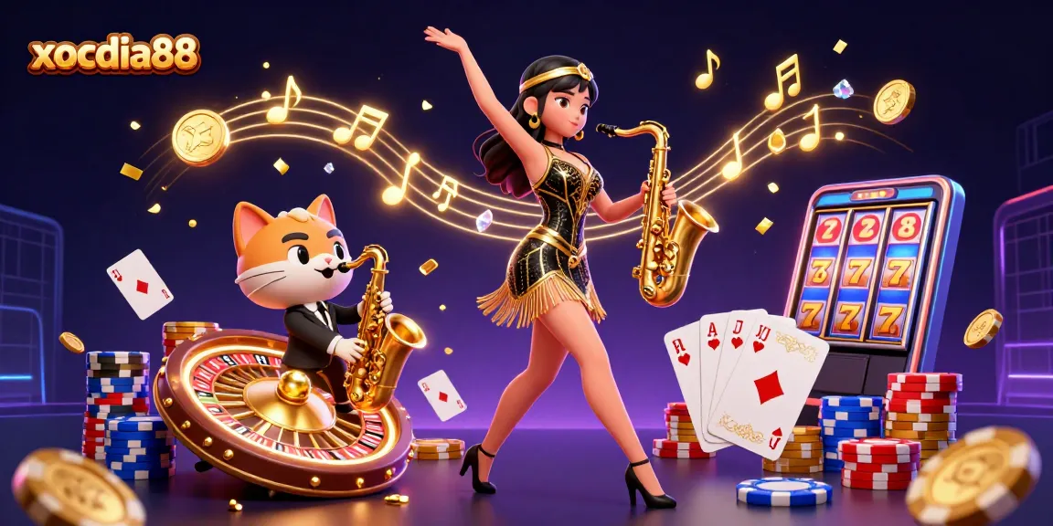 Xocdia88 offers thrilling gaming with a glamorous dancer and saxophone-playing cat amidst vibrant casino visuals.
