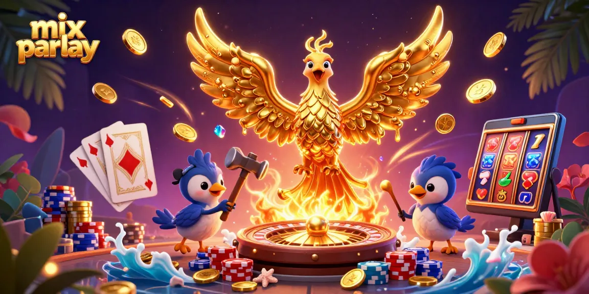 Engage in mix parlay betting with a golden phoenix and dynamic casino elements in a vibrant illustration.