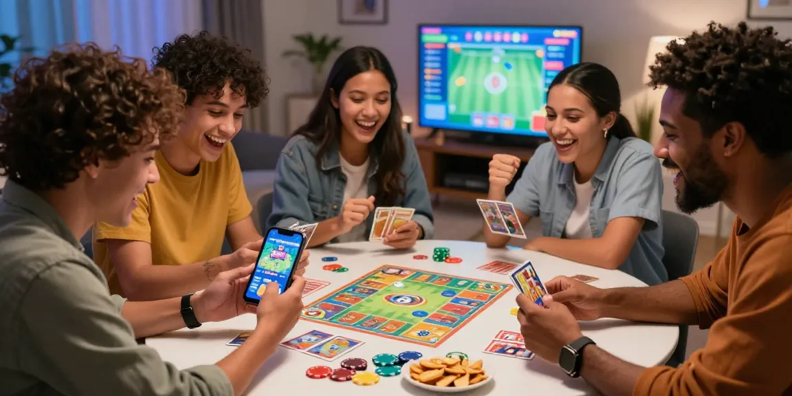 Friends enjoying a gaming night with Card Rummy app, click here to join the fun!