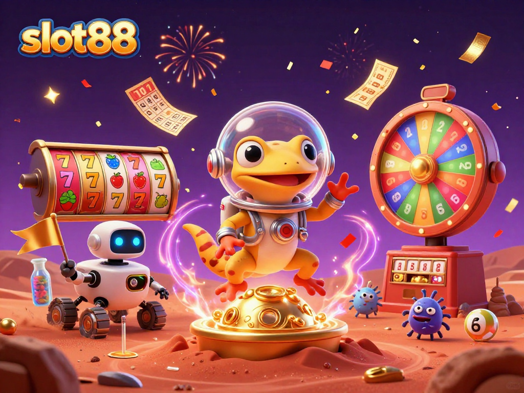 Slot88 menampilkan gecko Martian 3D merayakan jackpot dengan latar kasino emas dan efek confetti.