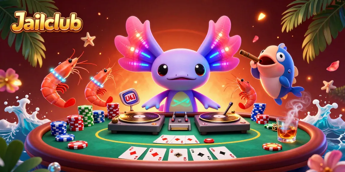 Experience thrilling gameplay at Jaiclub with dynamic casino action featuring a neon axolotl DJ among poker elements.
