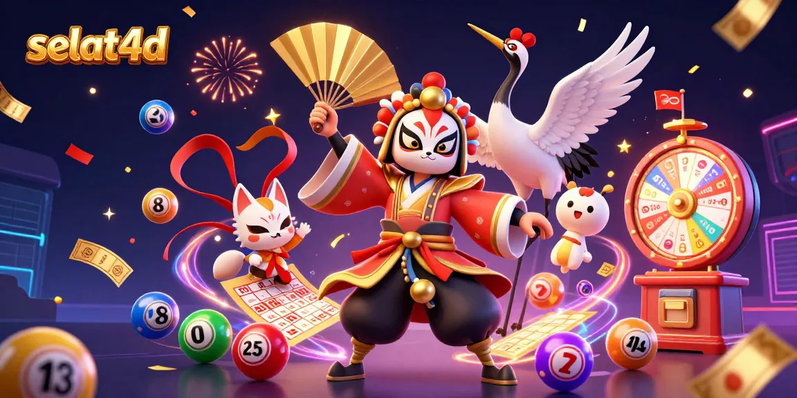 Experience the excitement of selat4d with a kabuki warrior and vibrant lottery elements in this dynamic illustration.