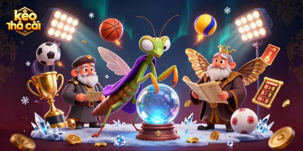 Engage with kèo nhà cái through a mystical 3D scene of fortune tellers and sports elements.