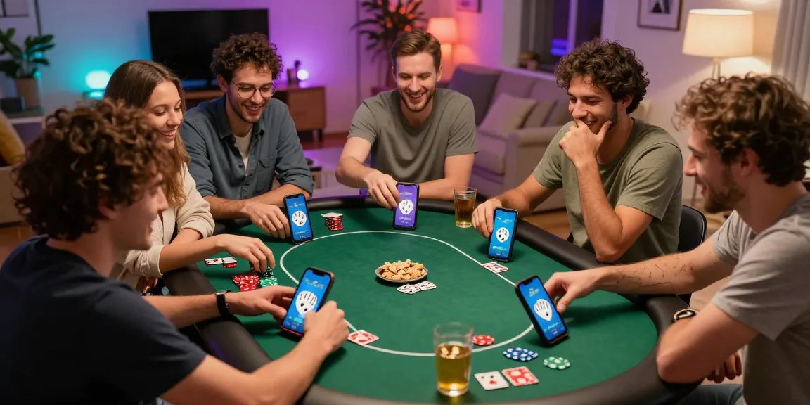 Friends enjoying apk download of Poker Game on smartphones, showcasing vibrant gameplay in a lively home setting.