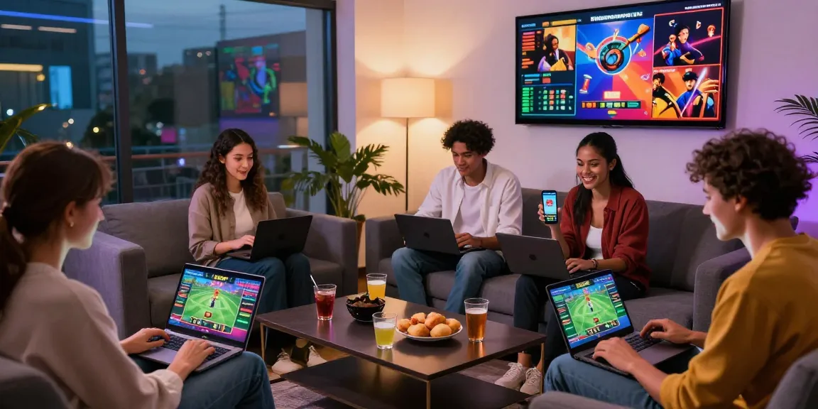 Friends enjoying online gaming and sports betting on lotus365 in a vibrant home setting, emphasizing excitement and modern technology.