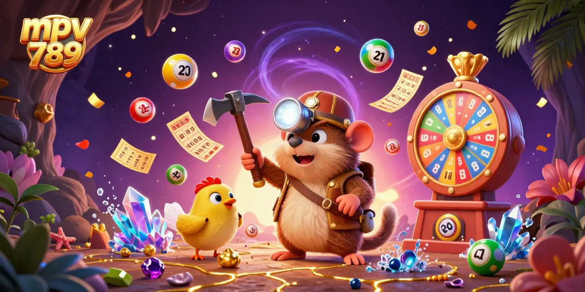 Experience the excitement of mpv789 with a vibrant 3D illustration showcasing lottery excitement and treasures.