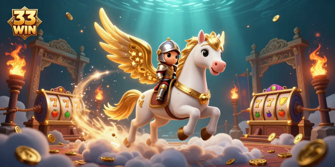 Engaging 33 WIN casino scene with a celestial horse and knight amidst vibrant betting action.