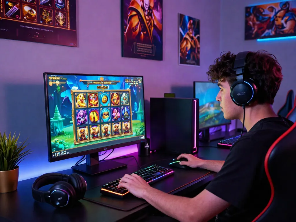 Engaged player exploring ทดลองสล็อต at a modern gaming setup, colorful slot graphics, and immersive atmosphere.