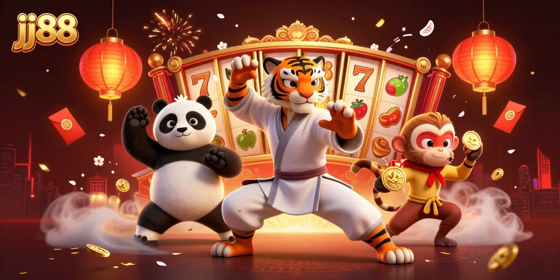 Engage in thrilling gameplay with jj88 in an ultra-detailed 3D casino illustration featuring vibrant characters and game elements.