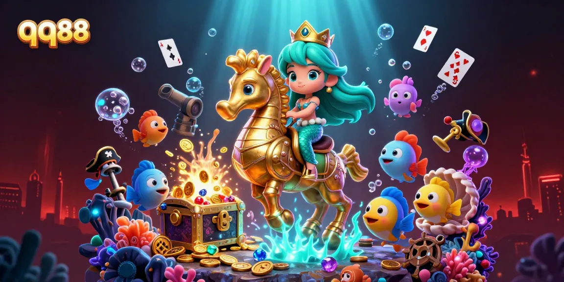 Engage with qq88 as the mermaid princess explores vibrant underwater treasures in this lively casino scene.