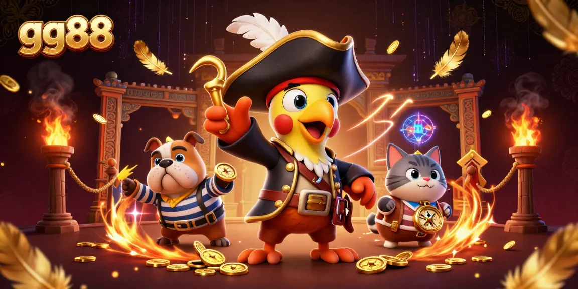 Engage in thrilling gameplay at gg88, surrounded by pirates, gold coins, and dynamic gaming elements