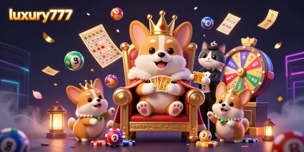 Experience luxury777 excitement with a royal corgi on a poker chip throne amidst vibrant game elements.