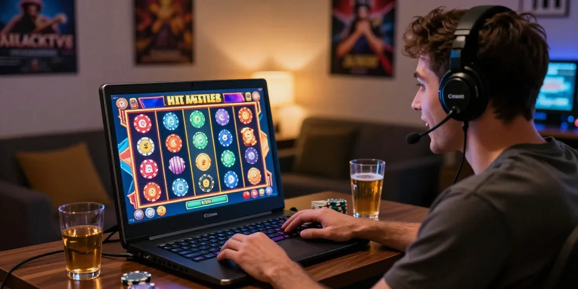 Excited player at home using rajakhodam89 daftar on a laptop, casino elements visible in vibrant online gaming scene.